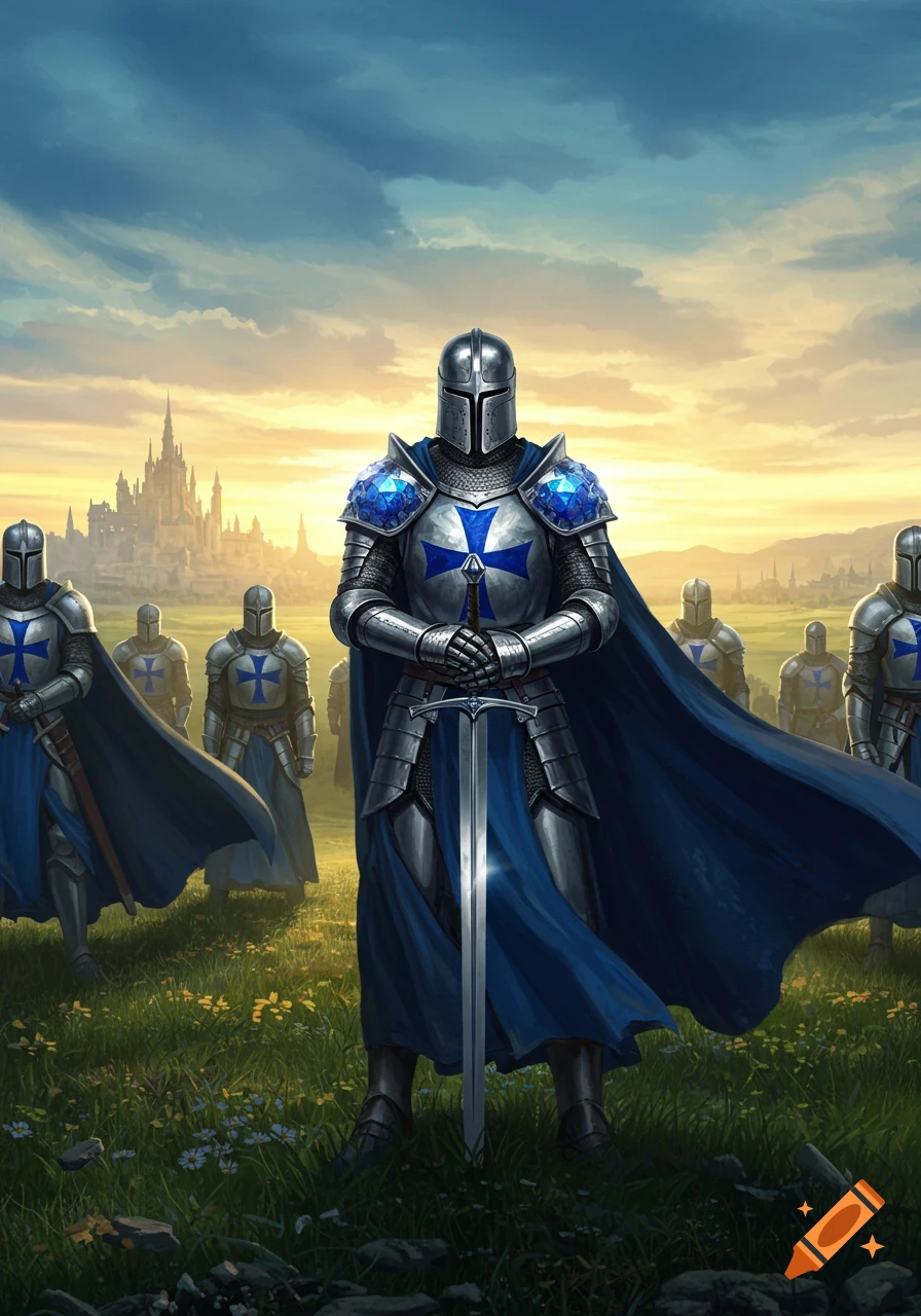 A group of knights in shining armor with blue capes and crosses stand in a grassy field, with a majestic castle in the background at sunset.