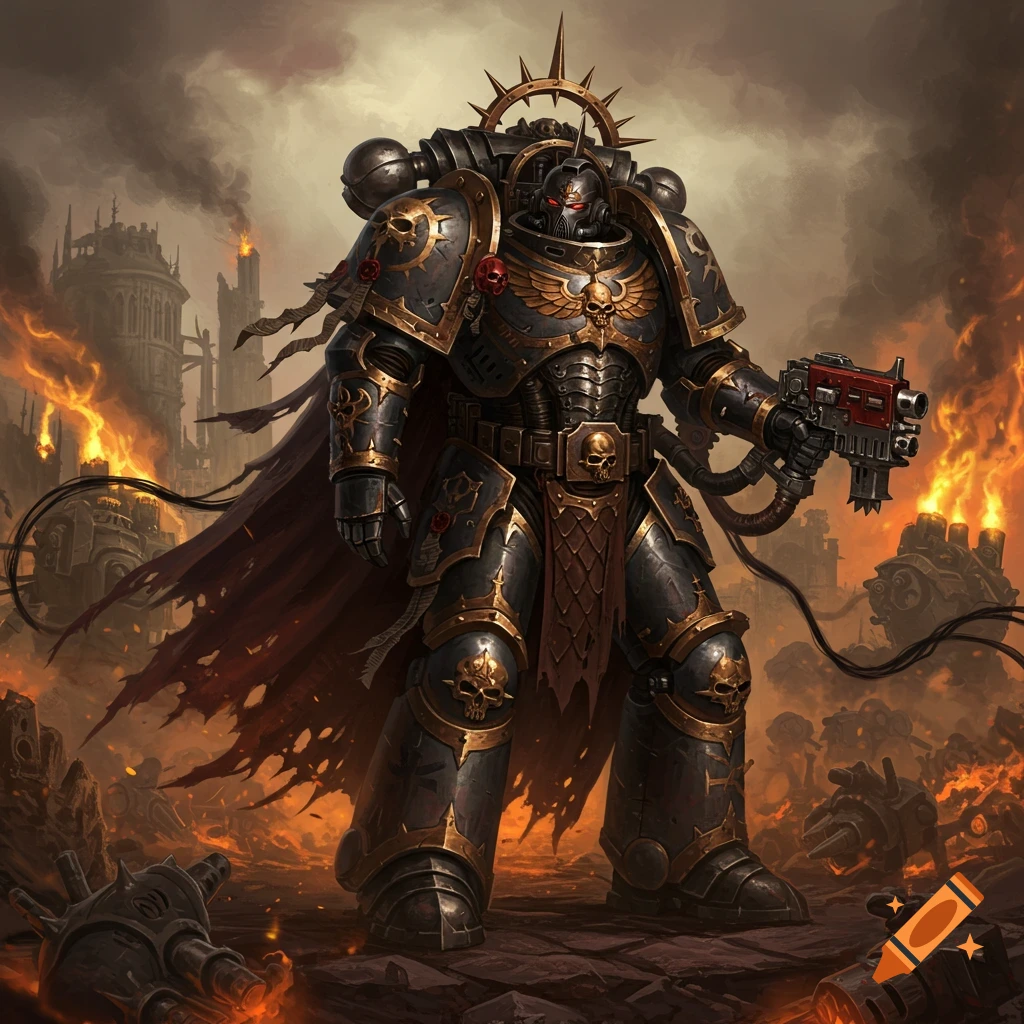 A heavily armored Warhammer 40k Space Marine, dark with gold trim, stands amidst a burning cityscape, holding a futuristic weapon.