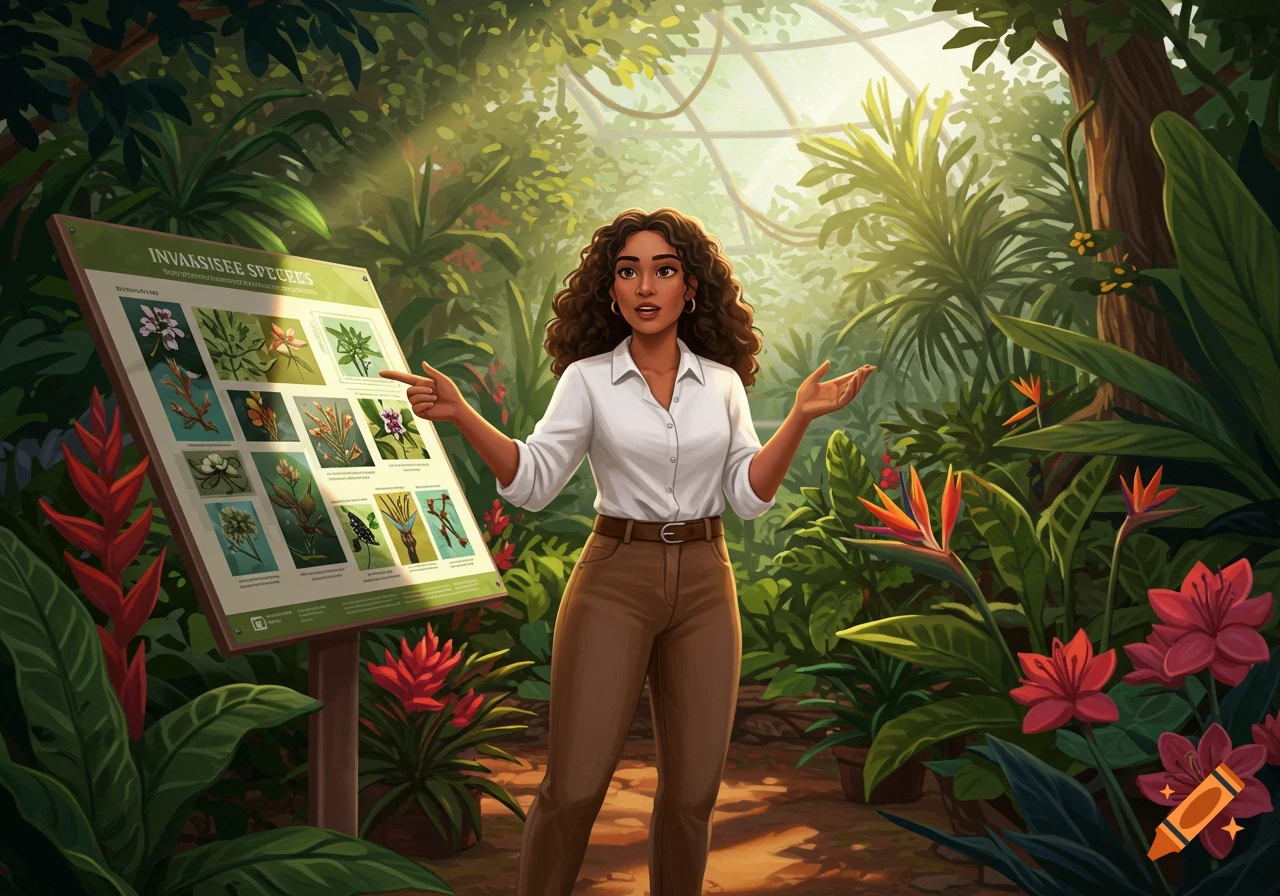 An illustrative image of a woman pointing to an 'INVASISEE SPECIES' sign in a lush greenhouse.