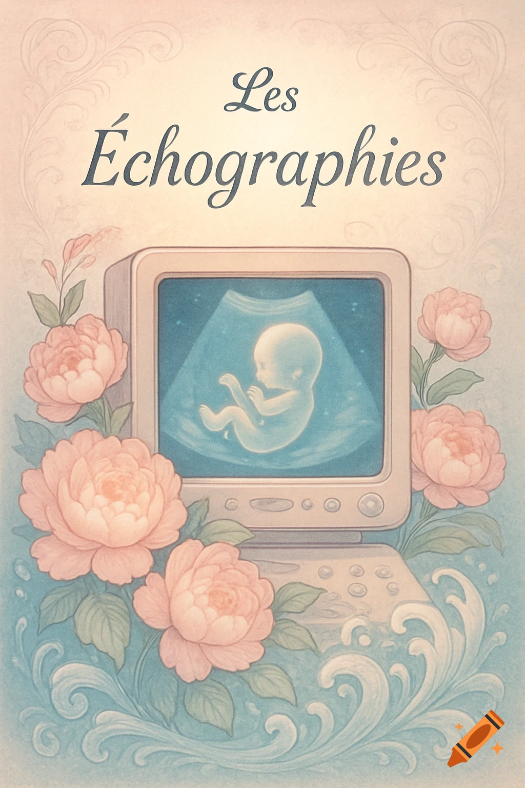 Vintage illustration of an ultrasound monitor with a fetus, surrounded by pink peonies and blue patterns, titled 'Les Échographies'.