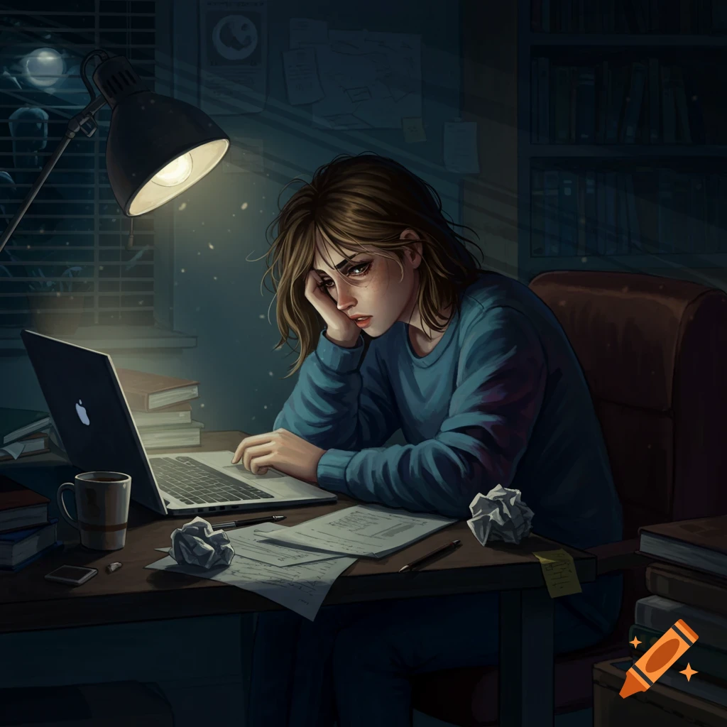 A tired, stressed young woman with messy hair sits at a desk under a desk lamp, working on a laptop surrounded by papers and books in a dark room.