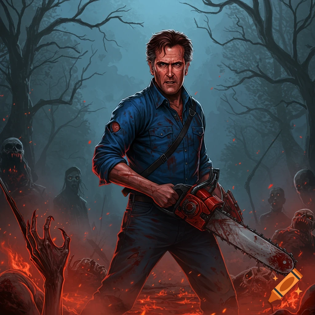 Ash Williams, holding a bloody chainsaw, stands defiantly in a fiery zombie-infested forest in a digital painting.
