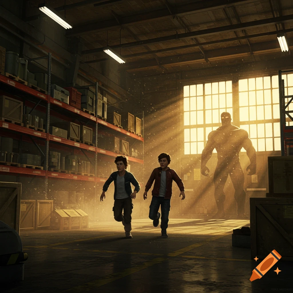 Two boys run through a dusty warehouse, illuminated by sunlight, from a large, muscular shadowy figure.