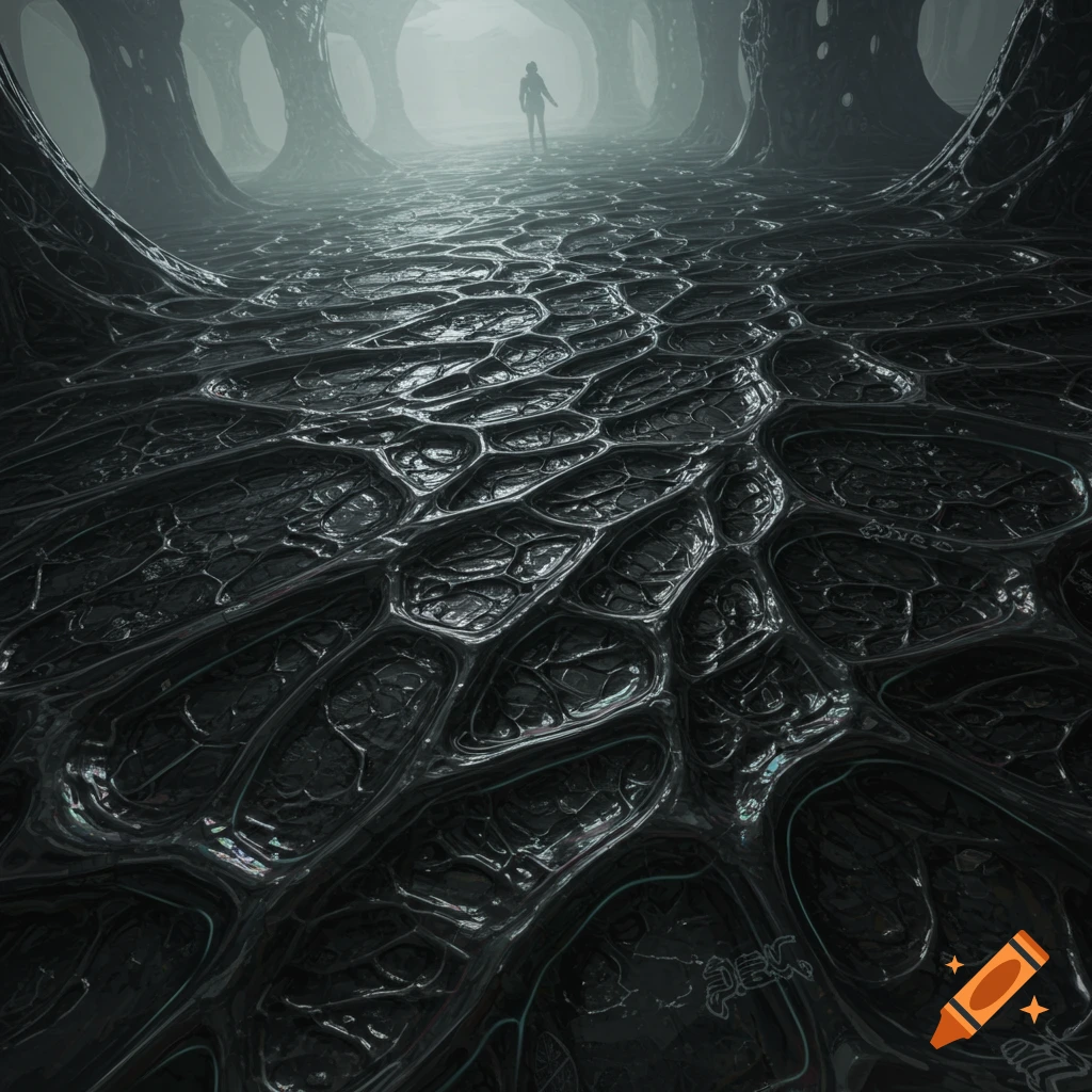 A solitary figure walks through a dark, foggy, alien landscape with intricate, organic, biomechanical pavement in the H.R. Giger style.