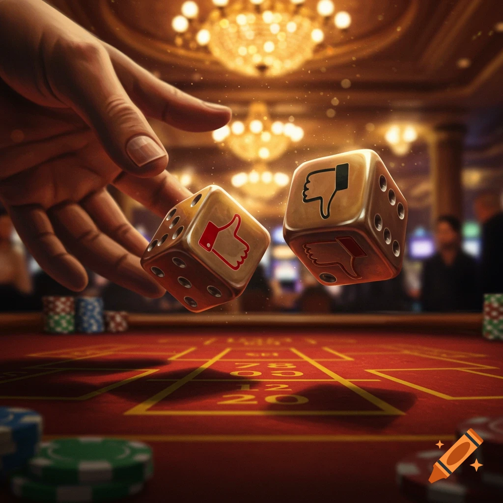 A hand throws two golden dice, one with a thumbs-up, one with a thumbs-down, onto a red casino table with poker chips and a blurry chandelier background.