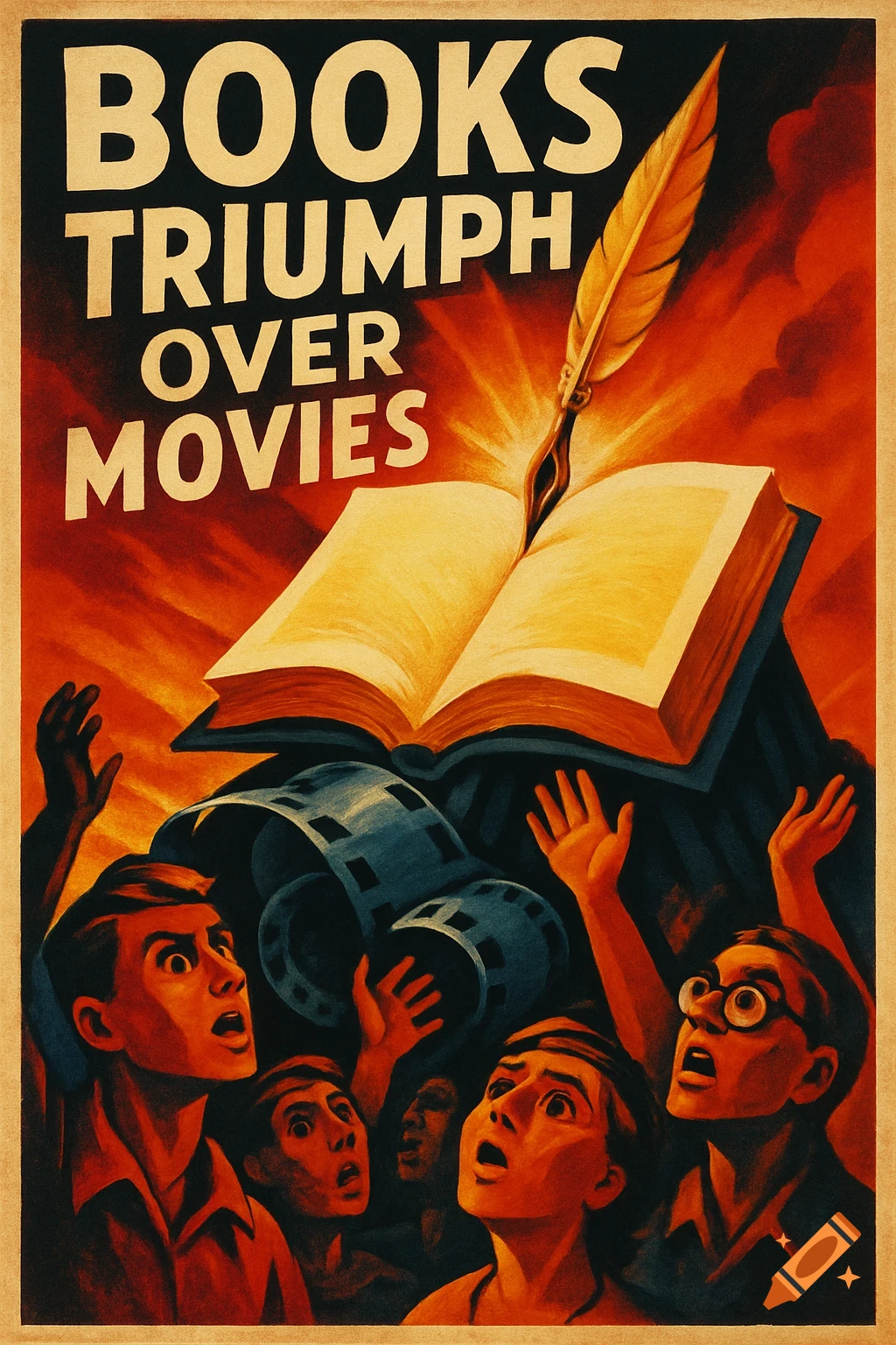 Vintage propaganda poster showing an open book and quill triumphing over a film reel, with people looking up in awe. Text reads 'BOOKS TRIUMPH OVER MOVIES'.