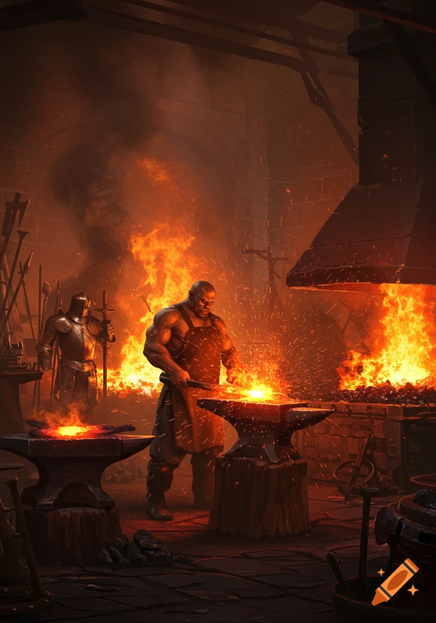 A muscular blacksmith hammers glowing metal on an anvil in a fiery forge, with a knight in armor in the background.