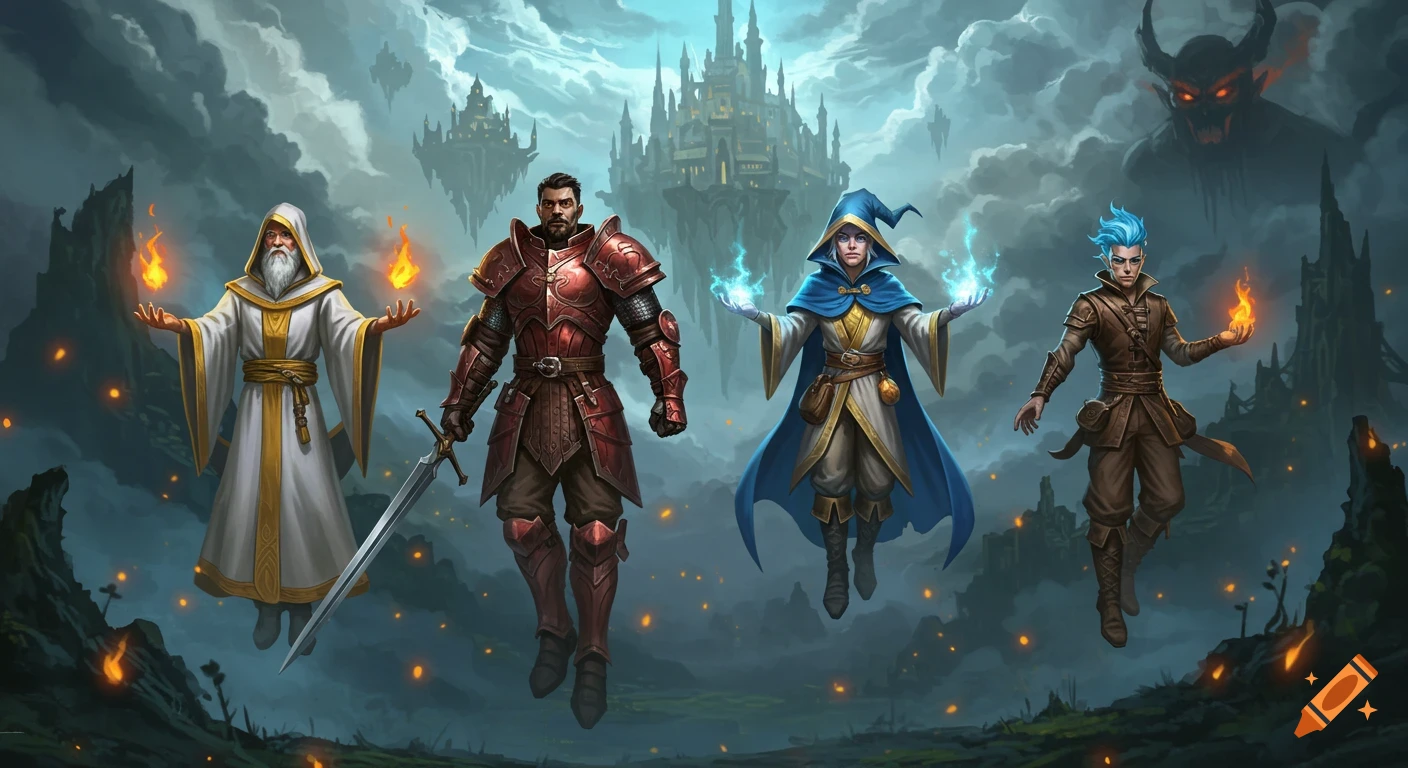 Four fantasy characters - a white-robed wizard, a red-armored knight, a blue-robed sorceress, and a blue-haired rogue - float before a floating castle and a demon in a mystical landscape.