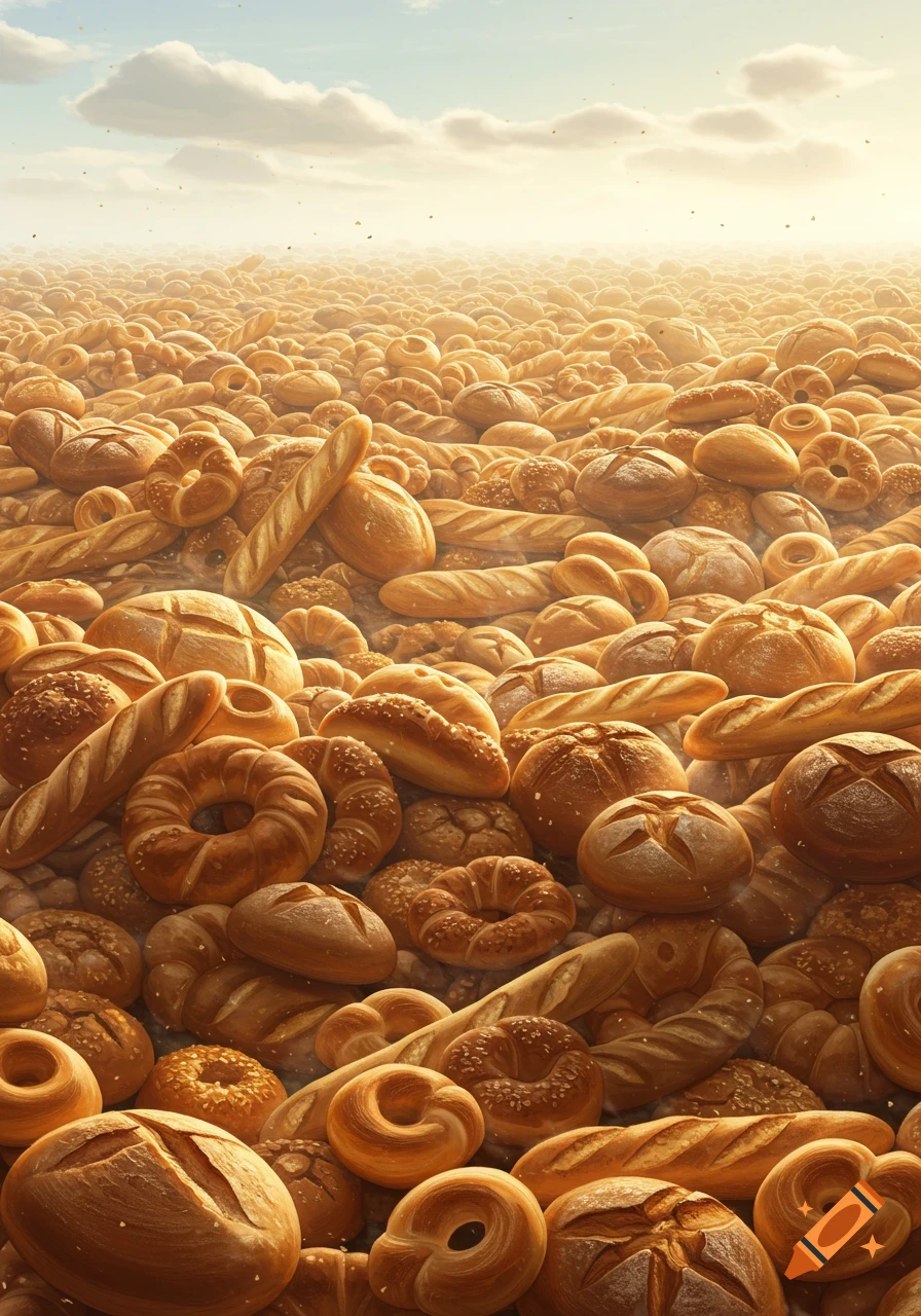 A vast field covered in various types of golden-brown bread and pastries under a bright, cloudy sky.