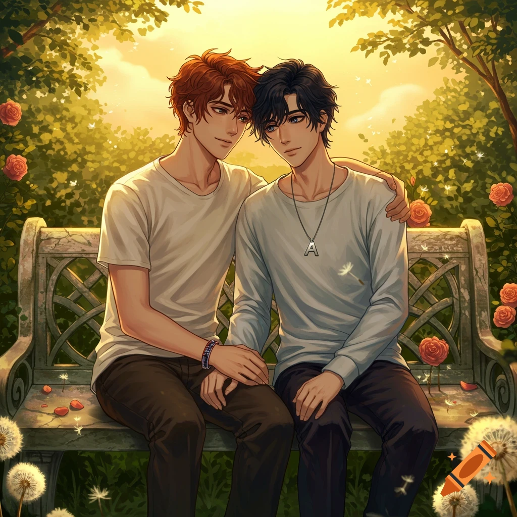 Anime illustration of two young men sitting on a garden bench at sunset, embracing. One wears an 'A' necklace.