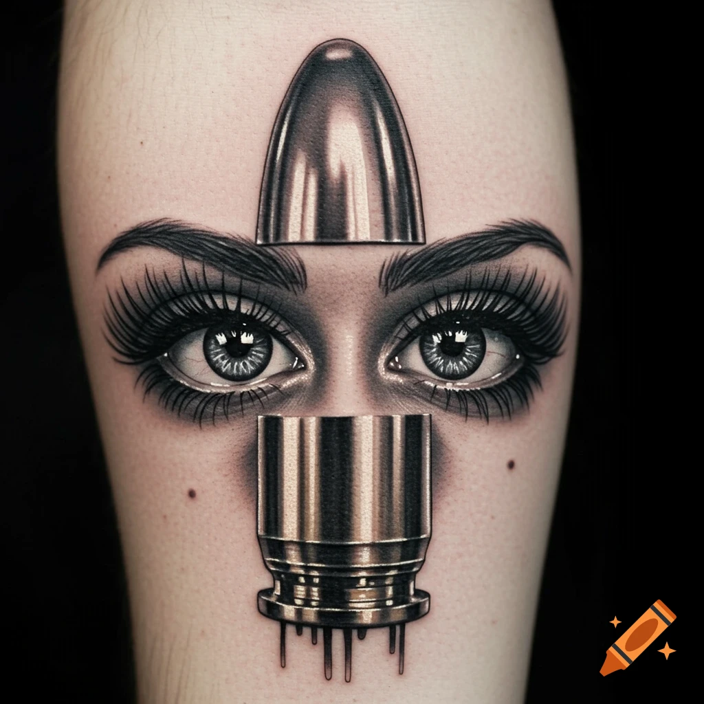 A hyperrealistic tattoo of human eyes with bullet components replacing the forehead and lower face, on skin against a dark background.