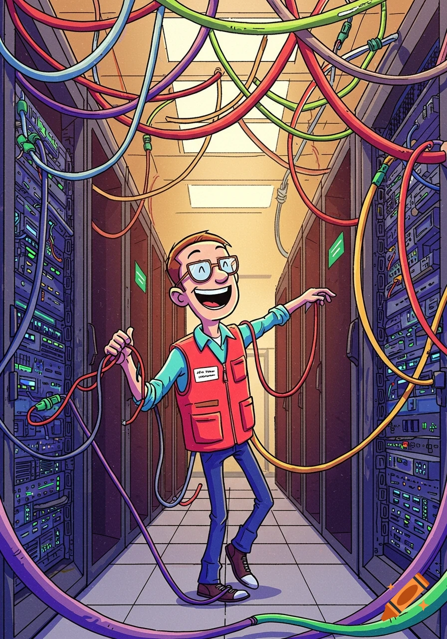 A happy cartoon data center technician stands amidst a chaotic maze of colorful cables and server racks in a server room.