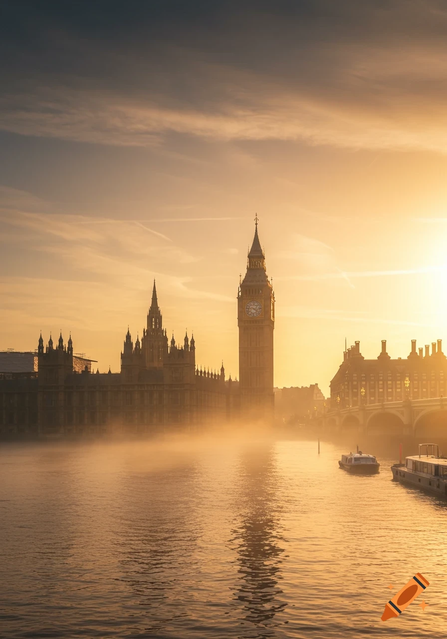 Photorealistic view of Big Ben and the Houses of Parliament overlooking the misty Thames River at golden hour.