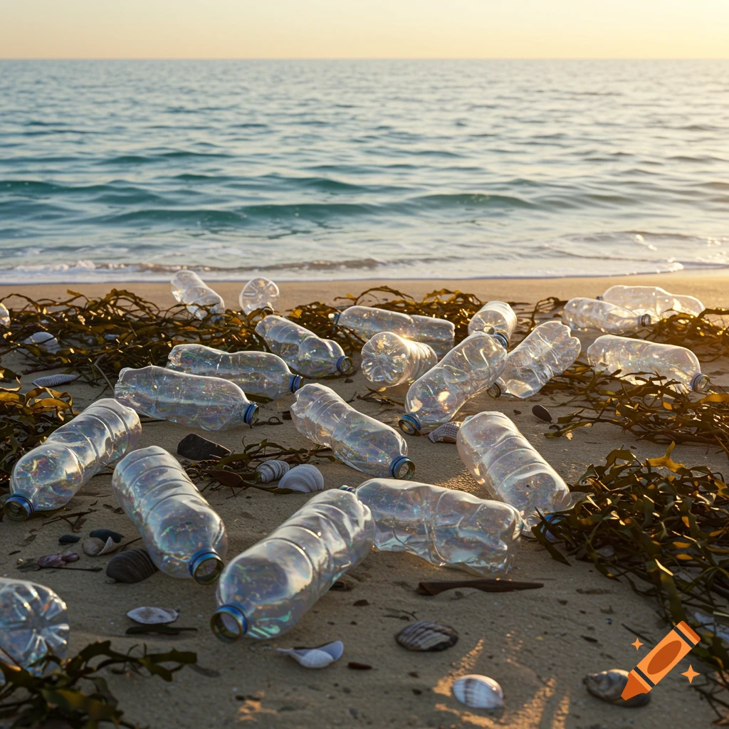 Numerous clear plastic bottles litter a sandy beach with seaweed and scattered seashells, with ocean waves in the background under a soft sunset light.