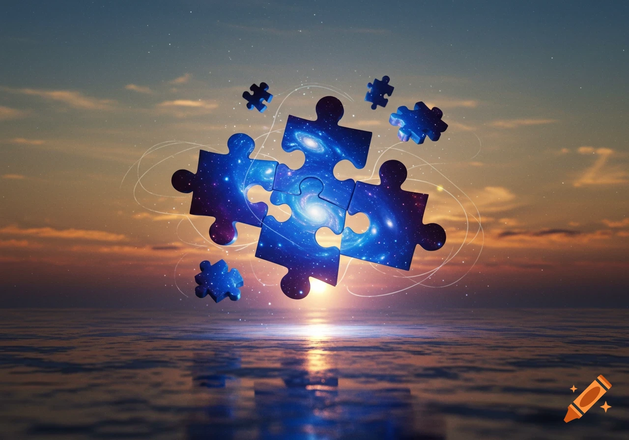 Galaxy-themed puzzle pieces float above calm water with a sunset sky and reflections.