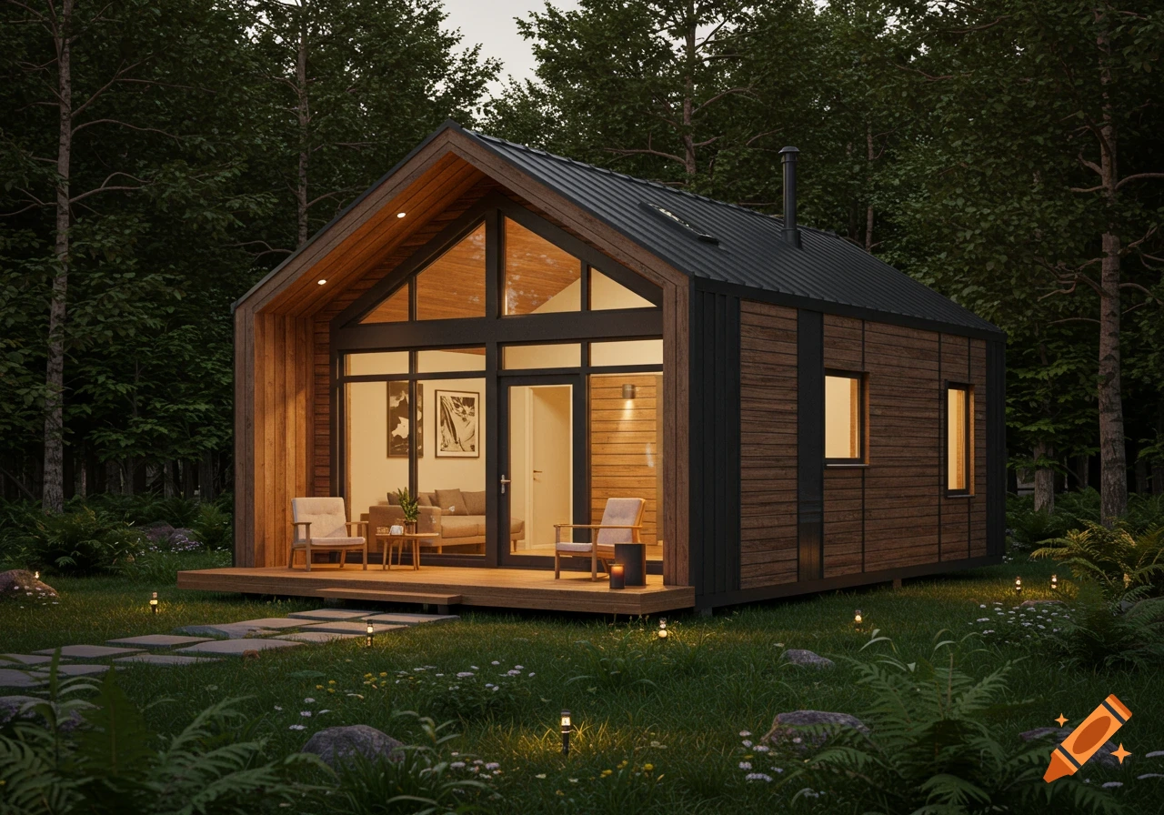 A modern wooden cabin with a black roof and large glass windows, nestled in a lush forest with a stone path leading to its deck.