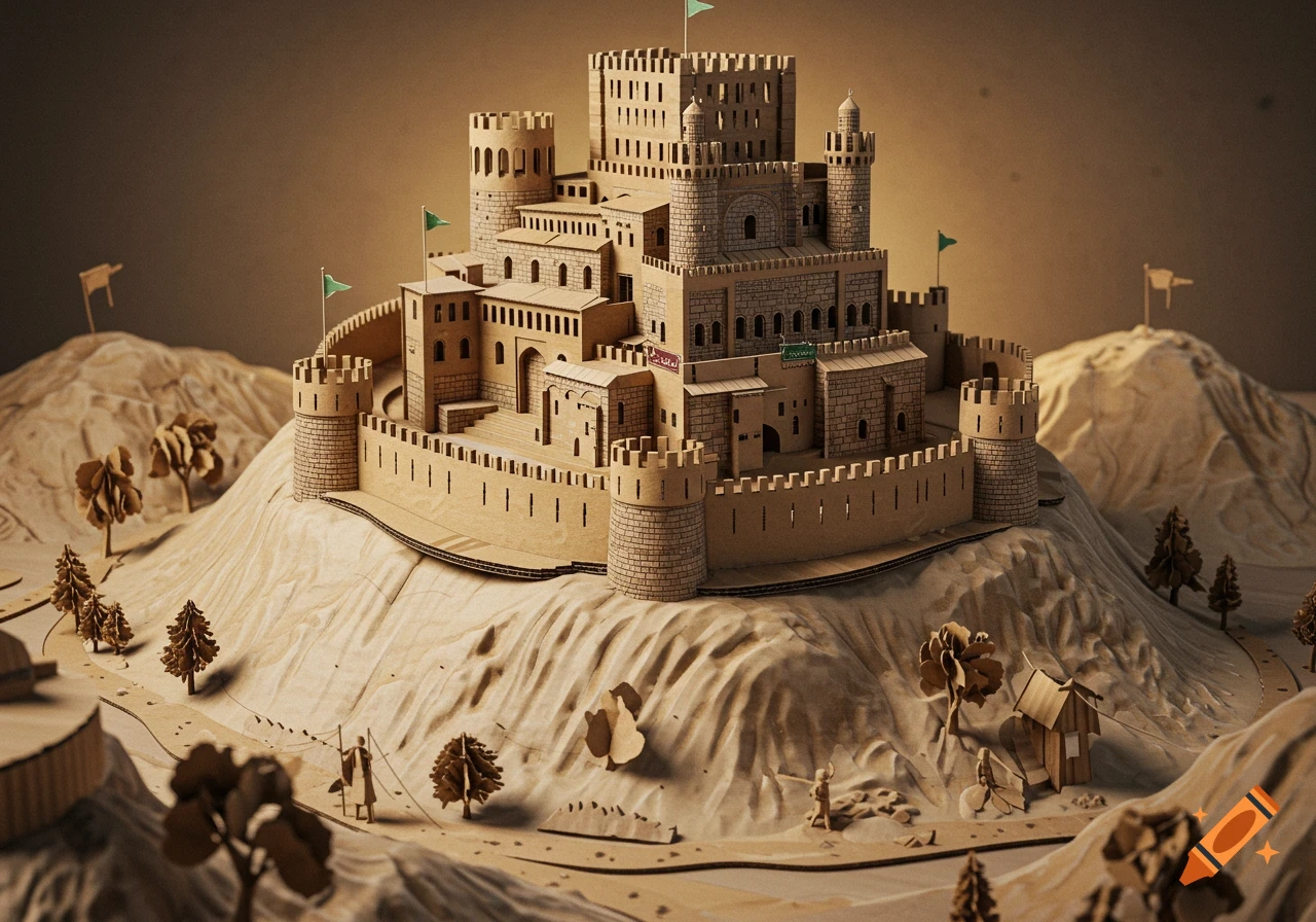 A detailed cardboard model of a medieval castle on a sculpted cardboard hill, surrounded by cardboard trees and a winding path.