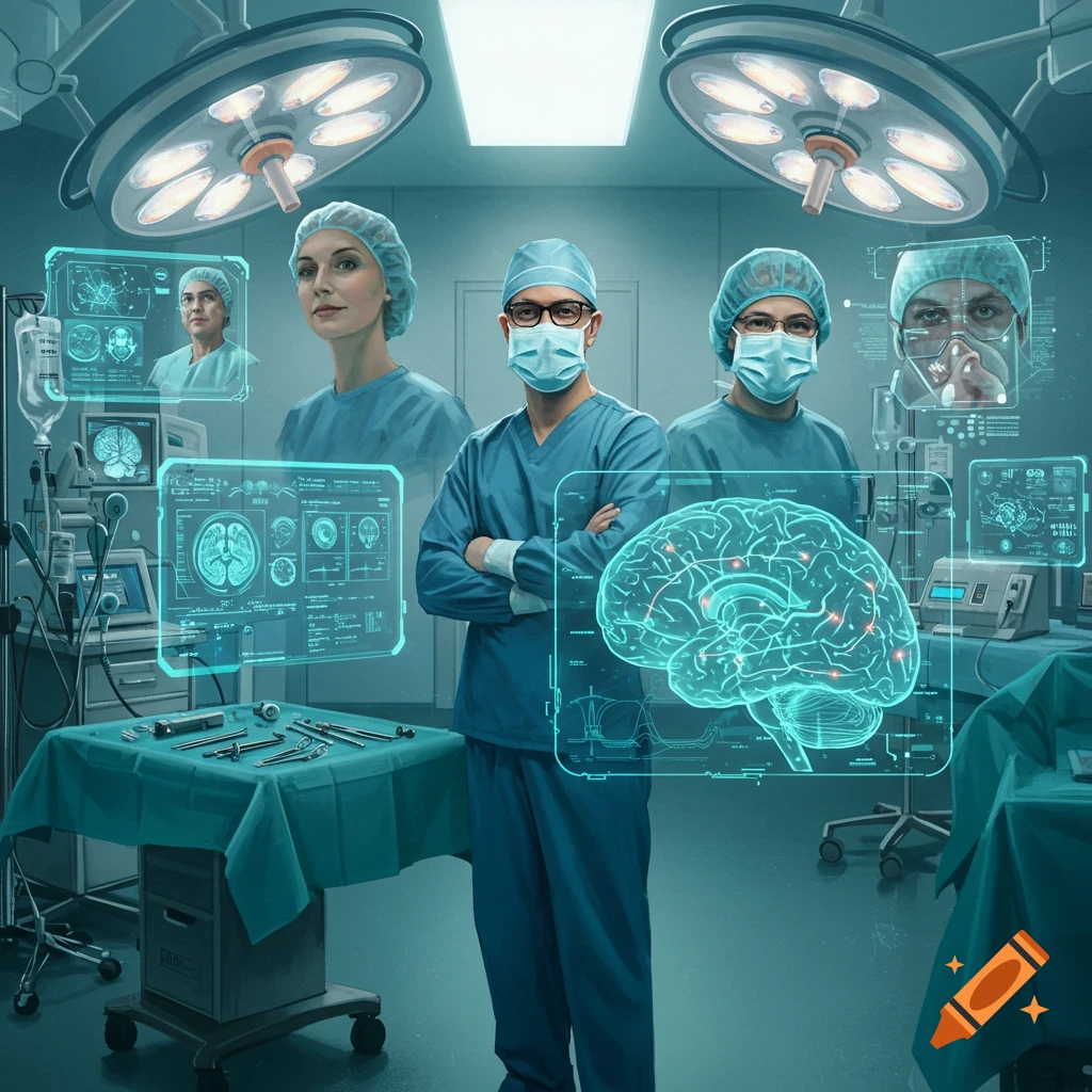 A team of doctors in an operating room with glowing blue holographic displays showing brain scans and medical data. Futuristic medical sci-fi art.