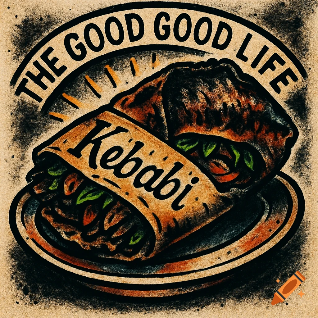Tattoo-style illustration of a burnt döner kebab on a plate with 'Kebabi' and 'THE GOOD GOOD LIFE' text.