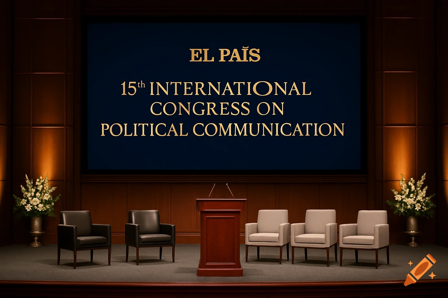 A formal conference stage with a screen displaying 'EL PA Y S 15th INTERNATIONAL CONGRESS ON POLITICAL COMMUNICATION', a podium, and chairs.