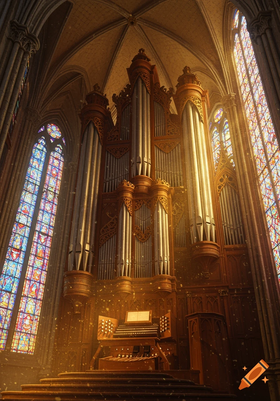 An ornate pipe organ bathed in light within a grand Gothic church, flanked by vibrant stained glass windows.