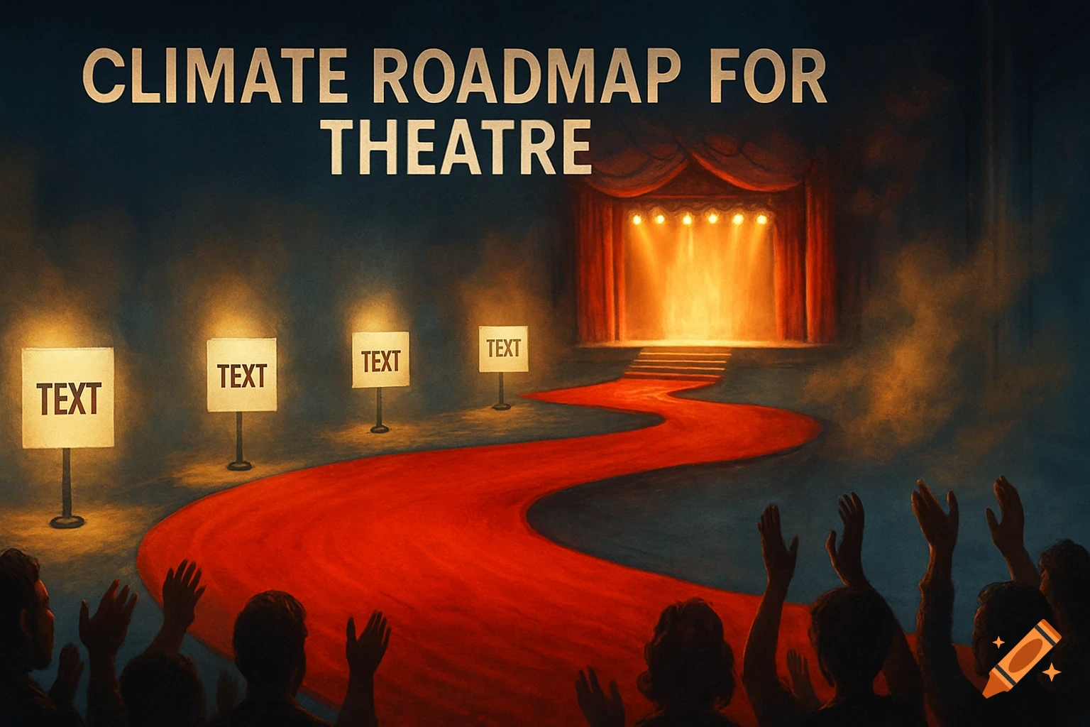 A winding red carpet leads to a brightly lit stage with red curtains. Signs labeled "TEXT" line the path, and "CLIMATE ROADMAP FOR THEATRE" is at the top. An audience with raised hands is in the foreground.