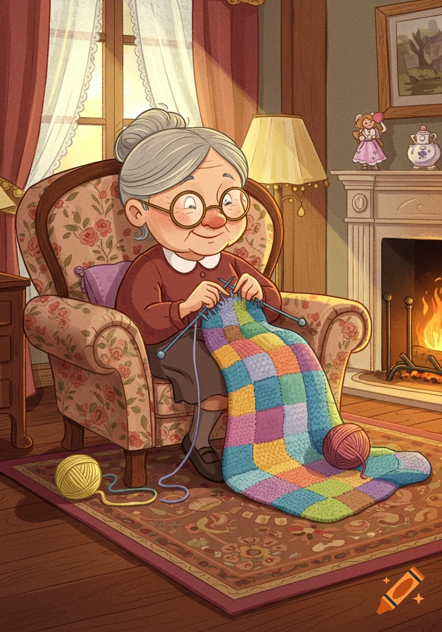Cartoon of a smiling old lady knitting a colorful blanket in a cozy living room by a fireplace, with yarn on the floor.