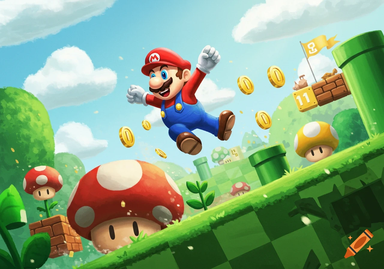 Mario jumps, collecting coins in a vibrant, cartoon landscape with green pipes and red mushrooms.