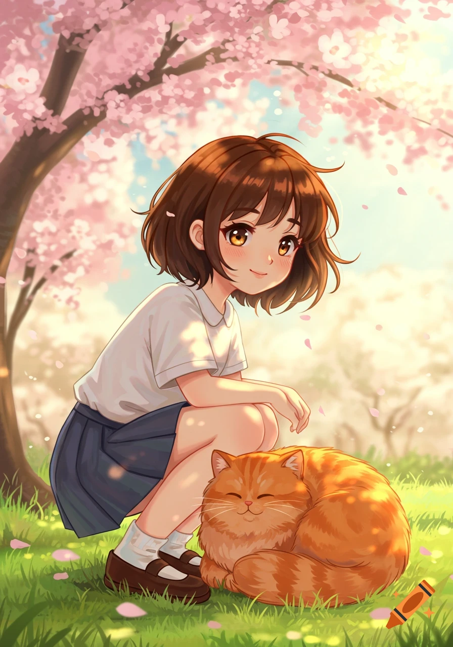 An anime girl with short brown hair squats next to a fluffy orange cat under a pink cherry blossom tree in a sunny grassy field.