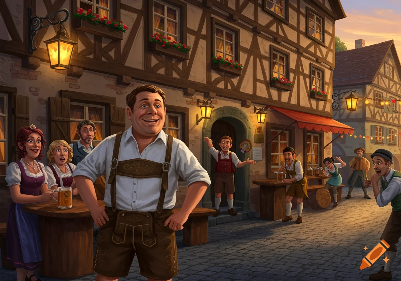 Illustration of people in traditional German clothing celebrating outside a gasthaus at dusk.