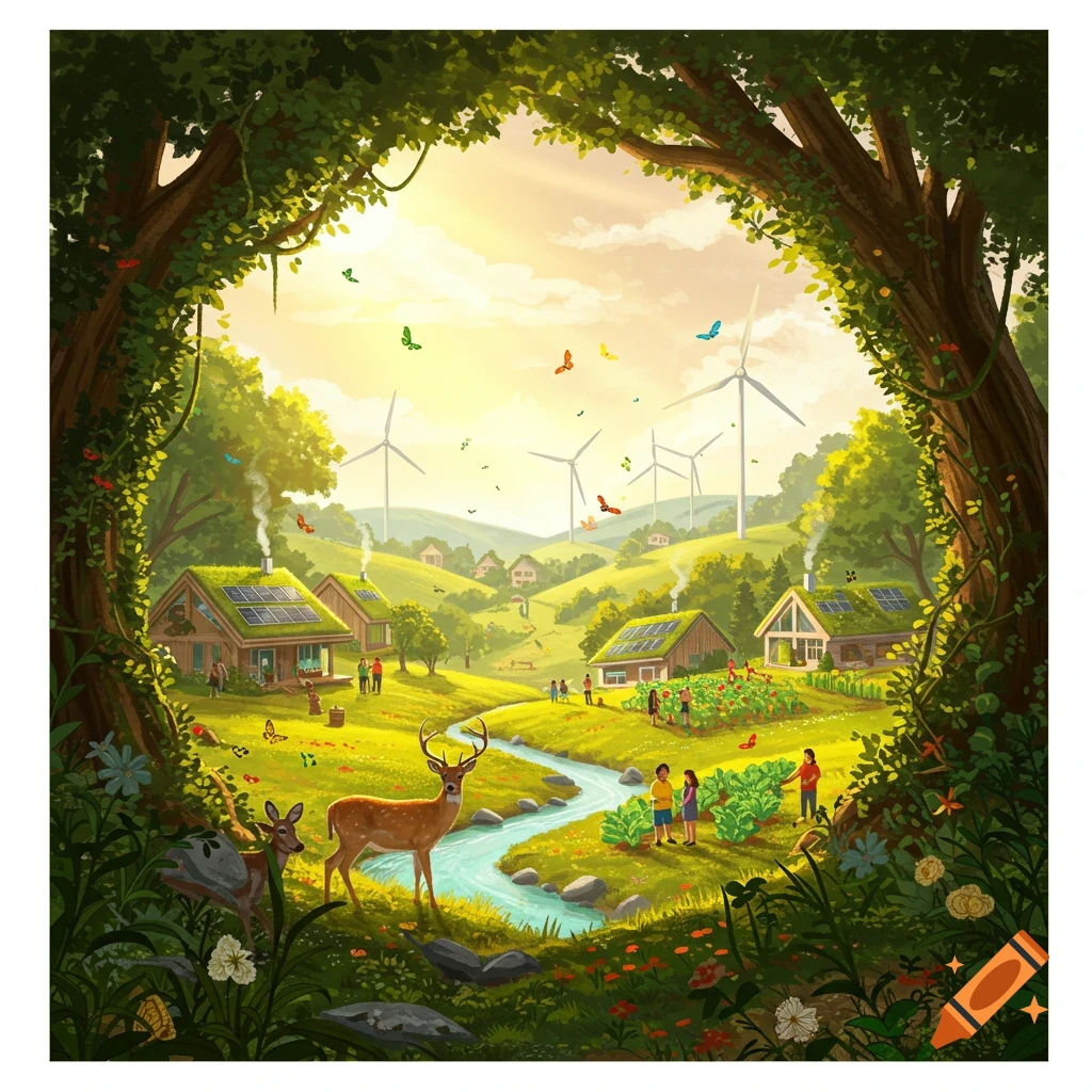 A vibrant illustration of a lush green valley with houses, solar panels, wind turbines, people, deer, and a river under a sunny sky.