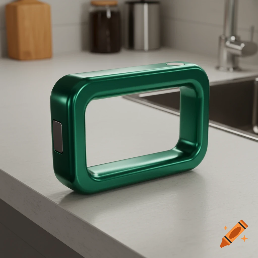 A shiny emerald green magnetic handle sits on a white kitchen counter next to a sink.