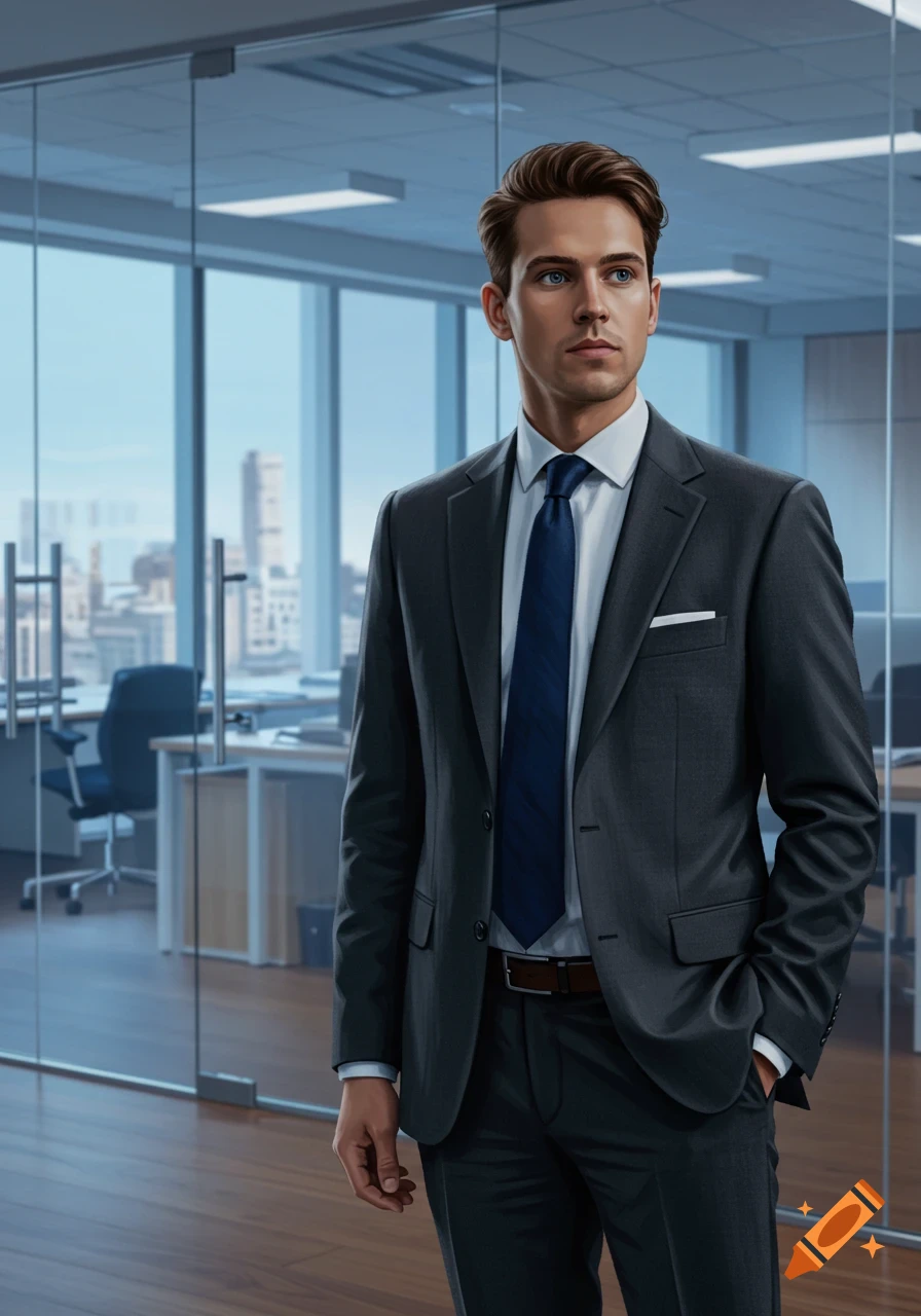A photorealistic young man in a dark suit and blue tie stands in a ...