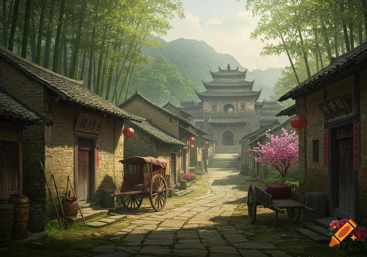 Photorealistic image of an ancient Chinese village street with stone houses, red lanterns, cherry blossoms, a temple, and bamboo.