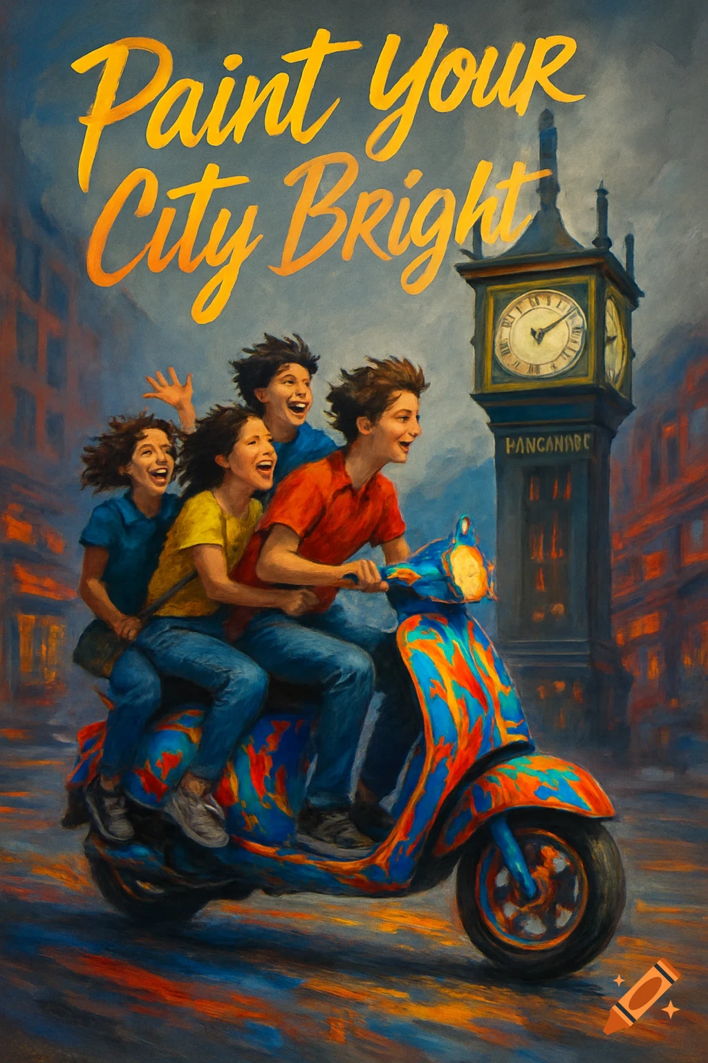 An oil painting of four happy teenagers riding a colorful, painted scooter down a city street, with a clock tower and buildings in the background. "Paint Your City Bright" is written at the top.