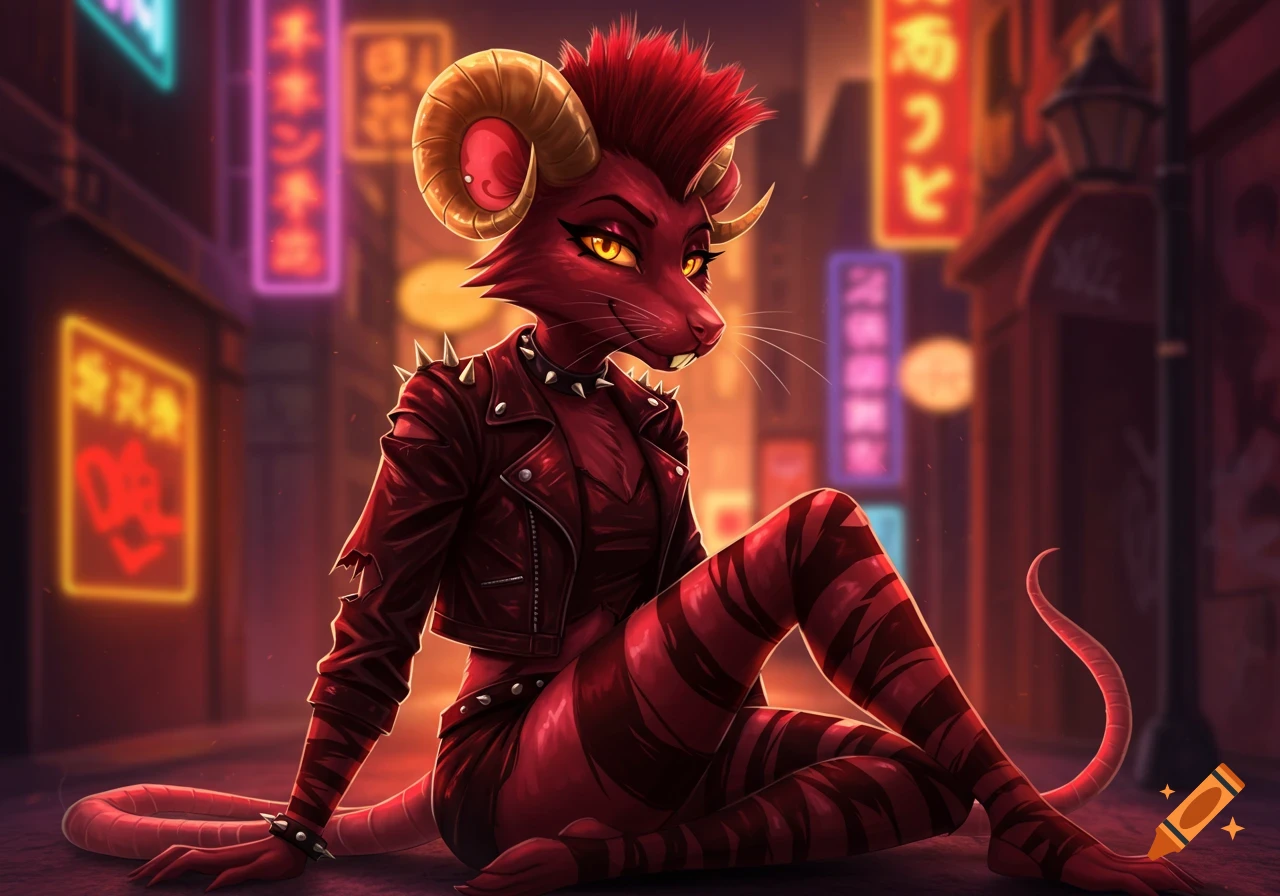 A dark red anthropomorphic rat creature with gold eyes and ram horns, wearing a red punk leather jacket and striped tights, sits on a neon-lit city street at night.