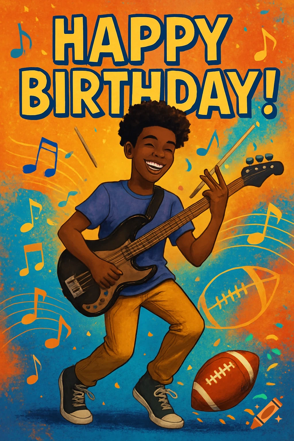 A vibrant illustration of a young Black boy playing bass guitar under "HAPPY BIRTHDAY!" text, surrounded by music notes and footballs.
