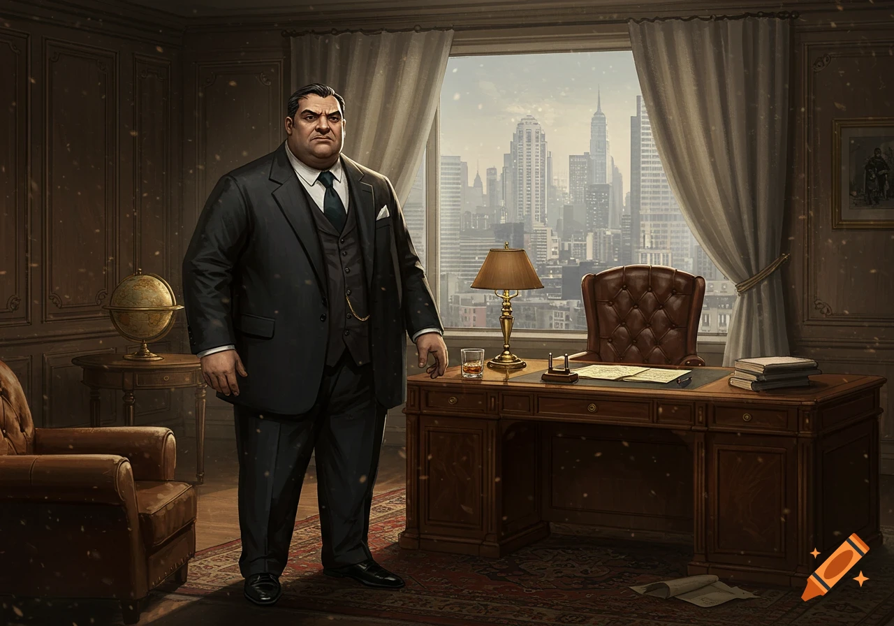 A heavyset businessman in a suit stands in a dark, opulent office, overlooking a city skyline. Concept art style.