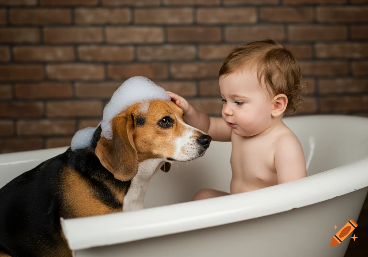 A baby in a bathtub gently pets a beagle dog with foam on its head, against a brick wall background.