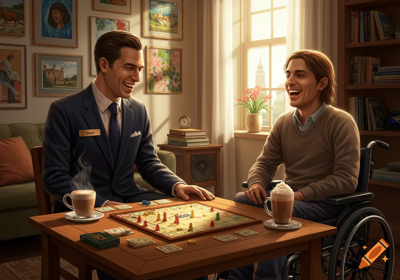 Two smiling men, one in a suit, one in a wheelchair, play a board game at a wooden table in a sunlit room. Photorealistic.