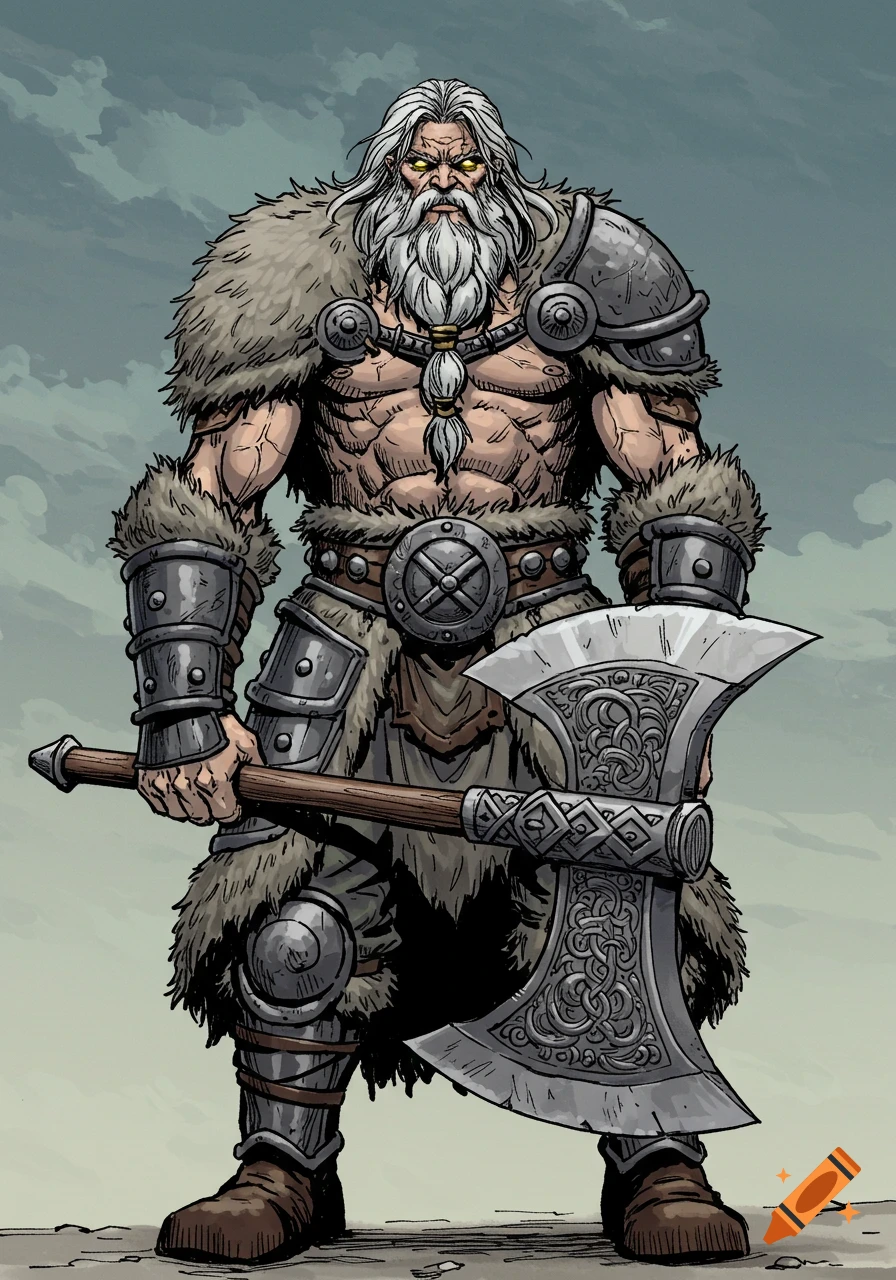 A muscular, long-haired man with a grey beard and glowing yellow eyes, wearing fur armor, holds a large axe in a comic art style.