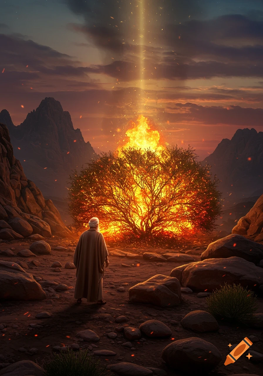 A robed man in a rocky desert looks at a brightly burning bush, illuminated by a beam of light from a dramatic sky.