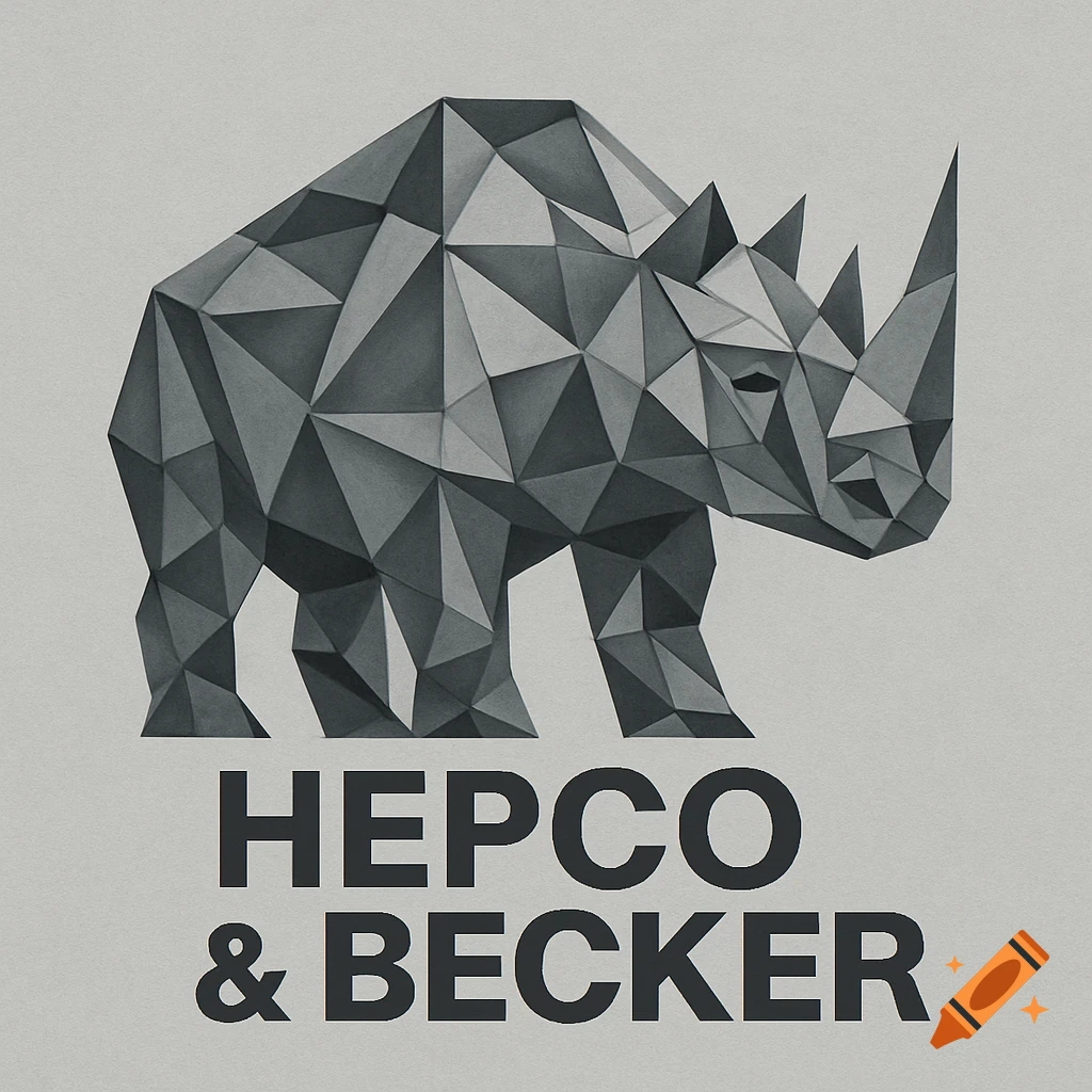 A grey geometric rhino logo with the text 'HEPCO & BECKER' below it.