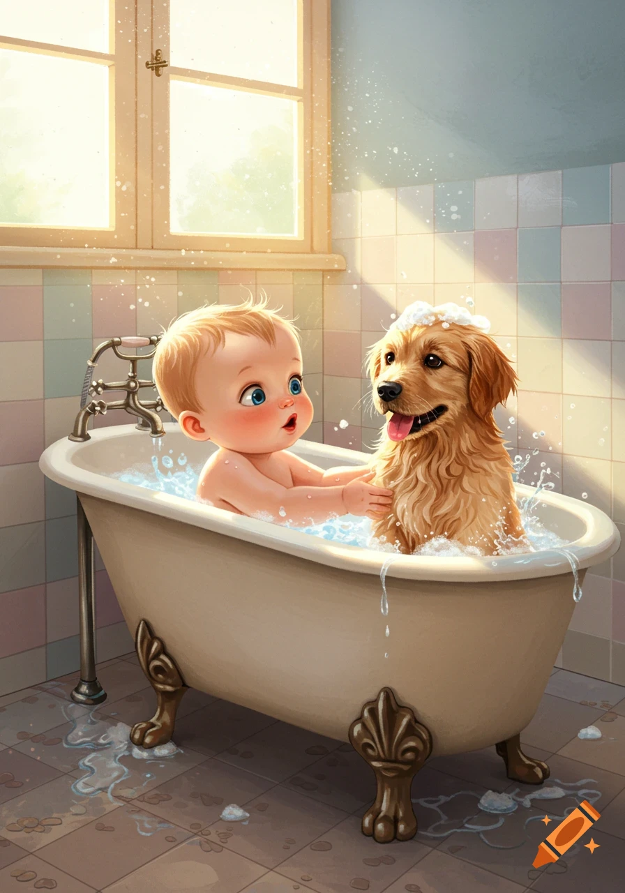 Illustration of a baby giving a golden retriever a bath in a bathtub, with the baby reaching towards the happy dog amidst bubbles.
