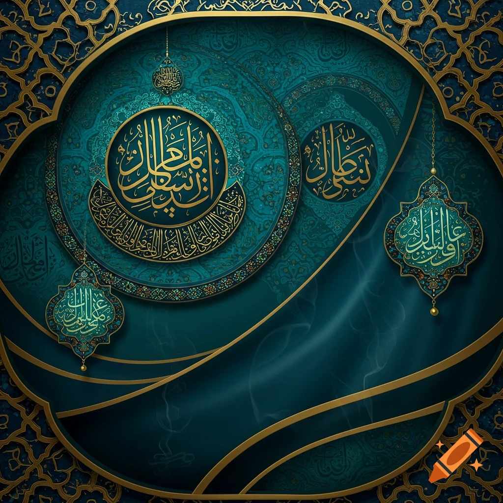 Golden Arabic calligraphy and intricate patterns on a teal and dark blue ornamental background.
