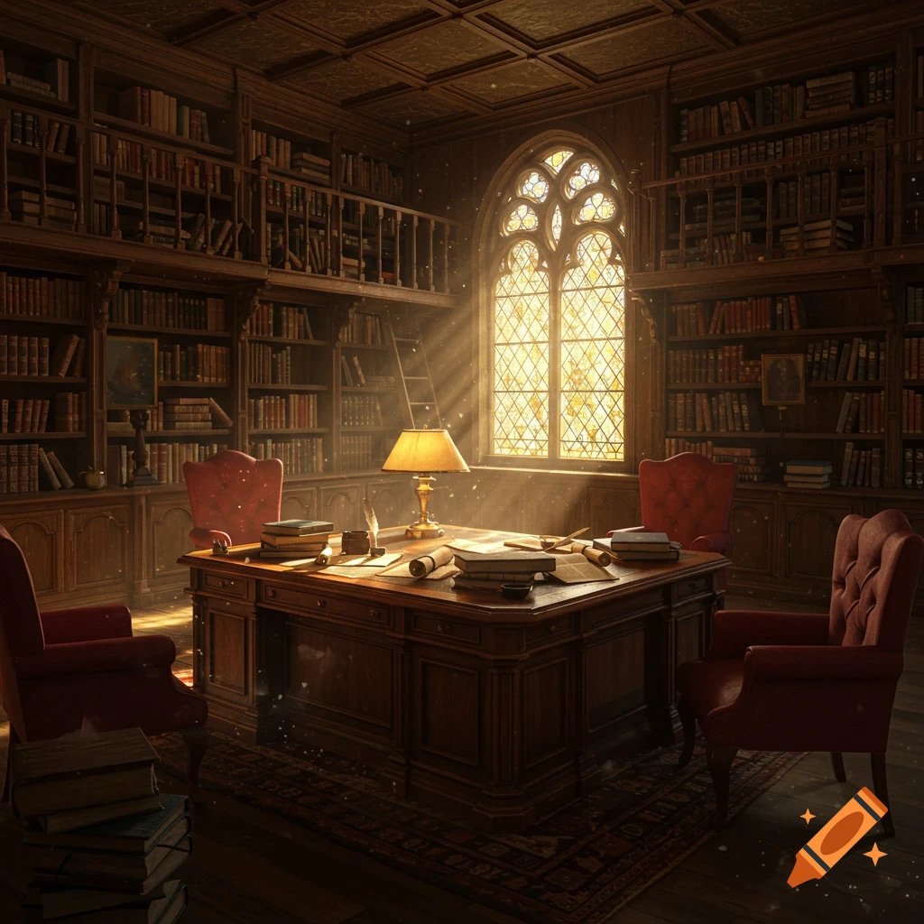 A grand, atmospheric library or study with towering bookshelves, a desk, red chairs, and sunlit ornate stained-glass window.