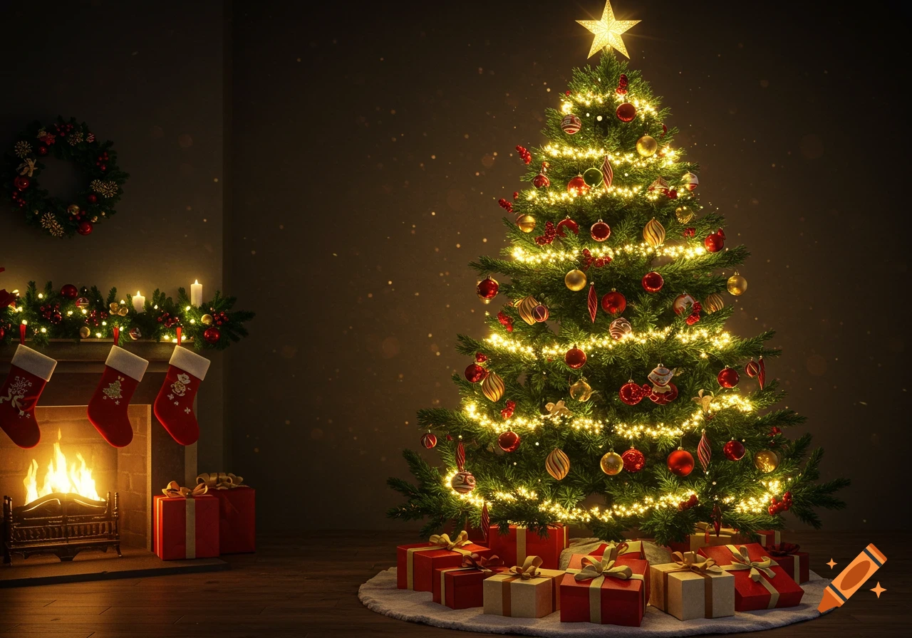 A warmly lit room features a fully decorated Christmas tree with lights ...
