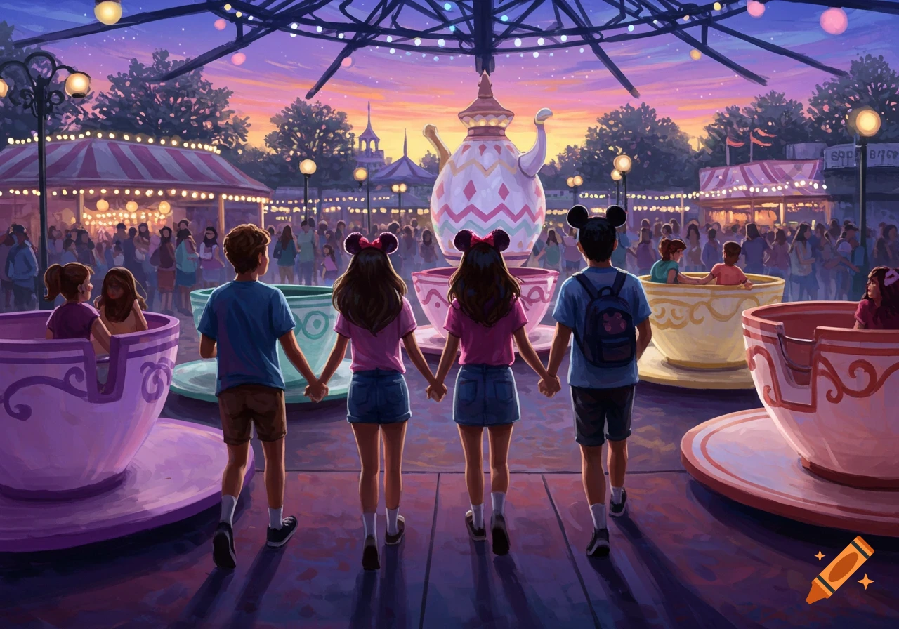 Four friends in Minnie Mouse ears hold hands, walking towards a giant teapot ride in a vibrant, stylized amusement park at twilight.
