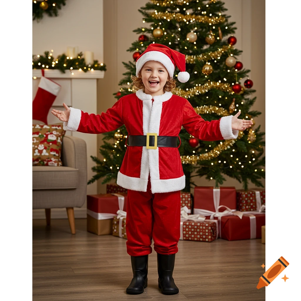 A young child in a full Santa Claus costume stands smiling in a festive living room with a decorated Christmas tree and wrapped gifts.