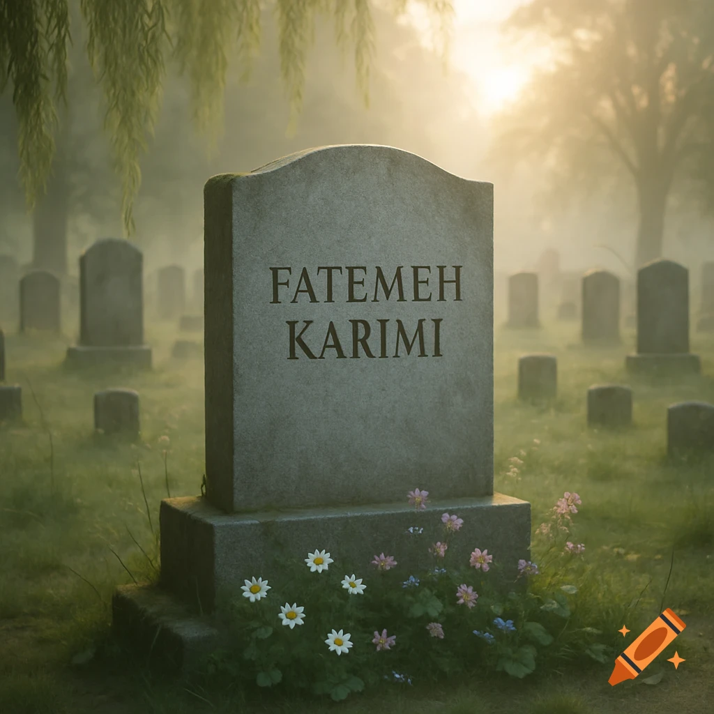 Photorealistic tombstone engraved 'Fatemeh Karimi' in a misty graveyard with small flowers.